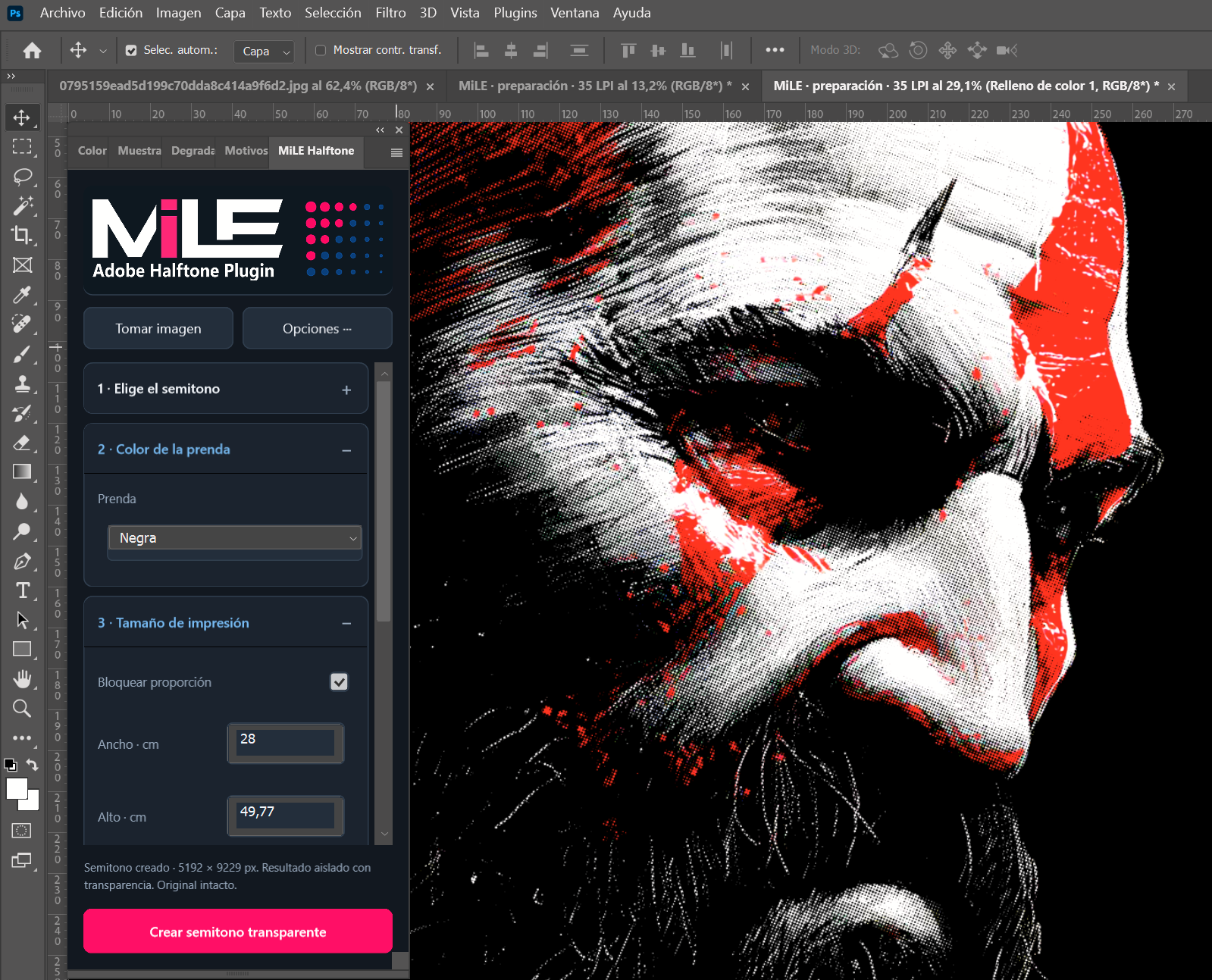 Captura real aportada por el usuario: panel MiLE Halftone dentro de Photoshop, con menús de semitono, color de prenda, medidas y un diseño procesado a 35 LPI